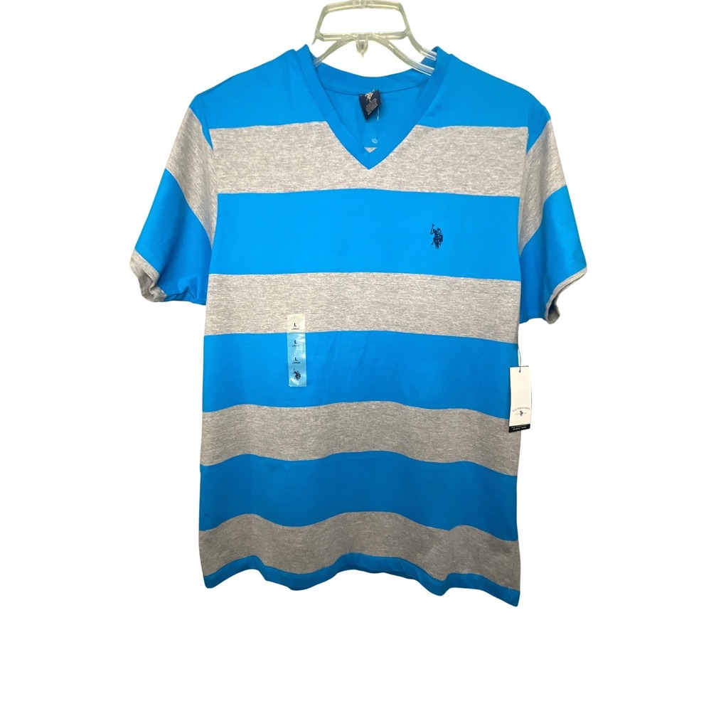 US Polo Assn Mens V-Neck T-Shirt Blue Gray Striped Short Sleeve Large